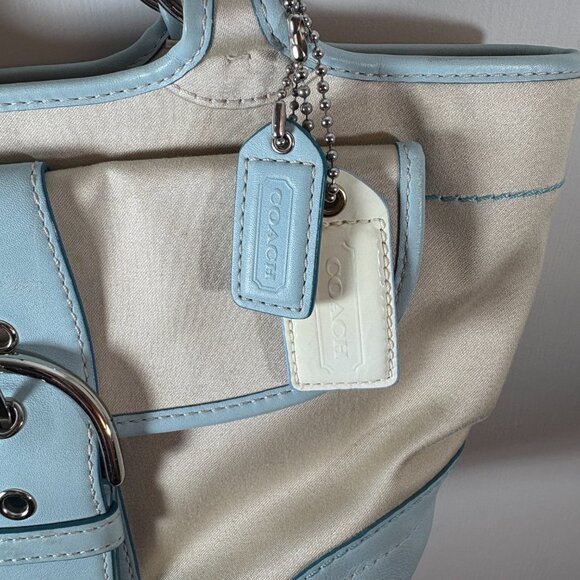 COACH | Light Blue Leather & Cream Canvas Satchel Tote | Y2K Vintage | RARE - Picture 9 of 10
